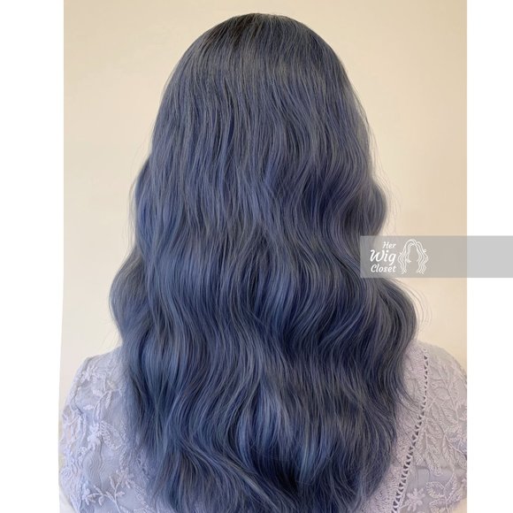 Dark Brown Ash Blue Gray Ombre Wavy Wig with Bangs | Mothers Day Gift | Odeta - Picture 4 of 4